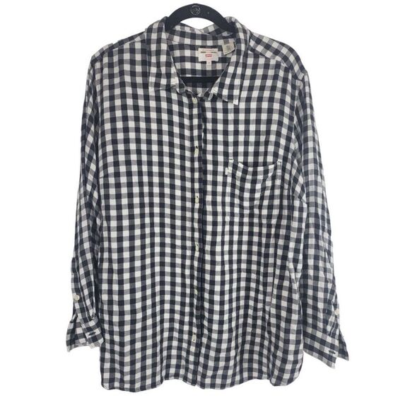 Levi's Boyfriend Fit Button Front Womens  Long Sleeve Navy Checkered Shirt - Picture 7 of 14